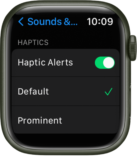 Sounds & Haptics settings on Apple Watch, with the Haptic Alerts switch, and Default and Prominent options below it.