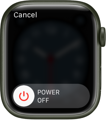 The Apple Watch screen showing the Power Off slider. Drag the slider to turn off Apple Watch.