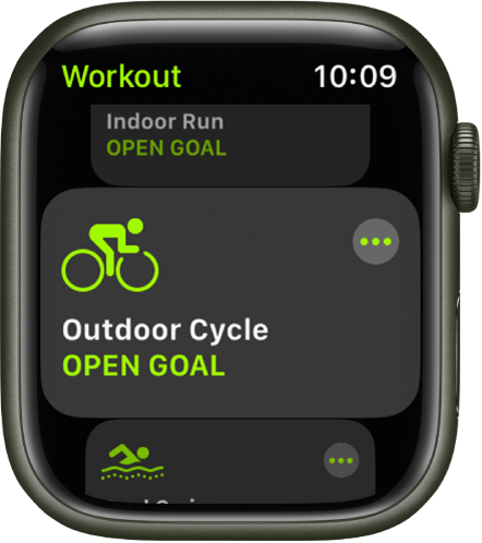 The Workout screen with the Outdoor Cycle workout highlighted.