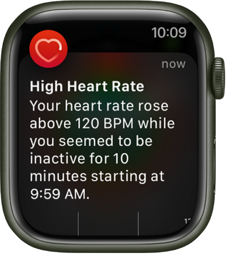 The High Heart Rate screen showing a notification that your heart rate rose above 120 BPM while you’ve been inactive for 10 minutes.