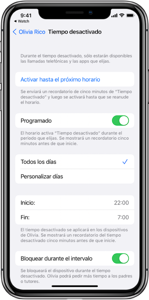 El iPhone está mostrando la pantalla de configuración de Tiempo desactivado. El botón Programado está cerca de la parte superior. Las opciones Cada día y Personalizar días se muestran debajo, y la opción Cada día está seleccionada. Las horas de inicio y fin están en el centro de la pantalla y el botón Bloquear durante el intervalo está cerca de la parte inferior.