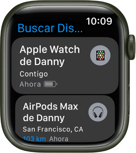 La app Encontrar Dispositivos mostrando dos dispositivos, un Apple Watch y unos AirPods.