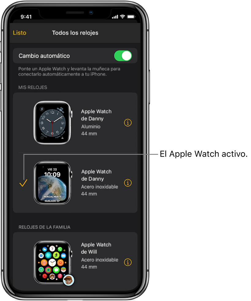 En la pantalla Todos los relojes en la app Apple Watch se muestra el Apple Watch activo con una casilla seleccionada.