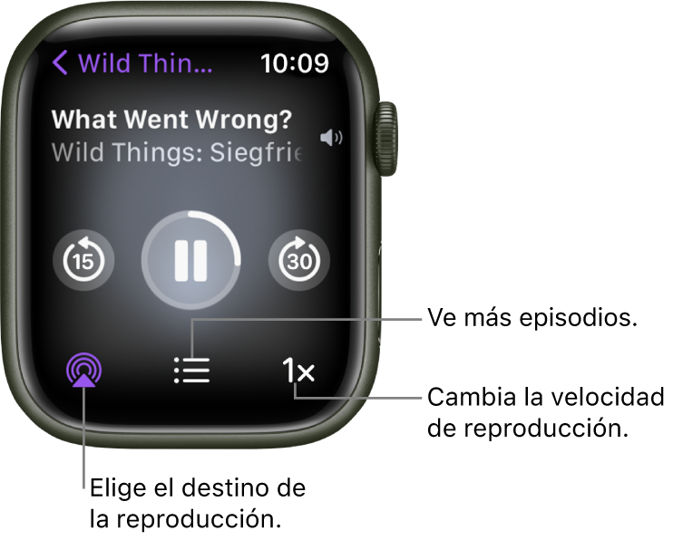 Pantalla Ahora suena de Podcasts mostrando el título del programa y del episodio, la fecha, los botones Retroceder 15 minutos, Pausar, Avanzar 30 segundos, AirPlay, Episodios y Velocidad de la reproducción.