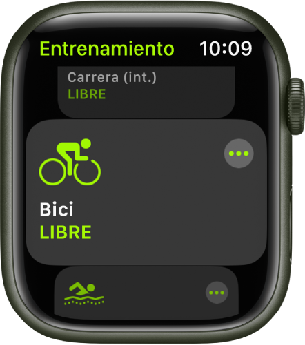 La pantalla Entrenamiento con la opción Bici al aire libre resaltada.