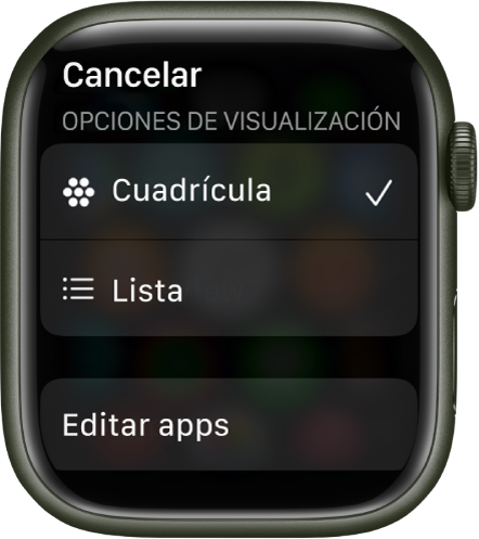 La pantalla Opciones de visualización muestra los botones Cuadrícula y Lista. El botón Editar apps está en la parte inferior de la pantalla.