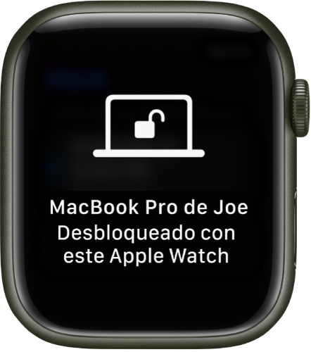 Pantalla del Apple Watch mostrando el mensaje Este Apple Watch desbloqueó la MacBook Pro de José.