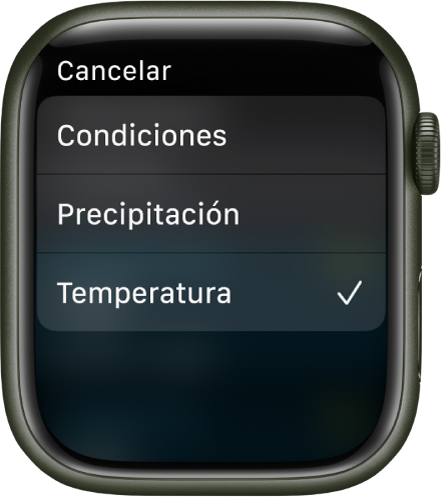 La app Tiempo con una lista de tres opciones: Condiciones, Precipitación y Temperatura.