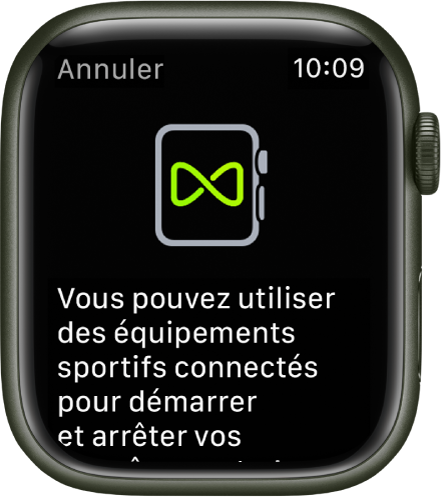 Un écran de jumelage qui s’affiche lorsque vous jumelez votre Apple Watch avec un équipement sportif.