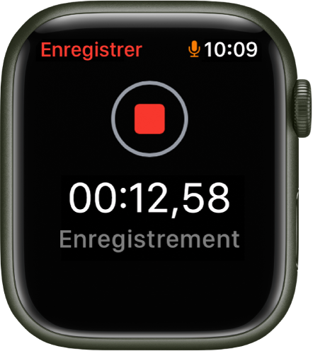 L’app Dictaphone en plein enregistrement d’un mémo. Un bouton Arrêter rouge apparaît en haut de l’écran. En dessous se trouve le temps écoulé de l’enregistrement avec le mot Enregistrement plus bas.