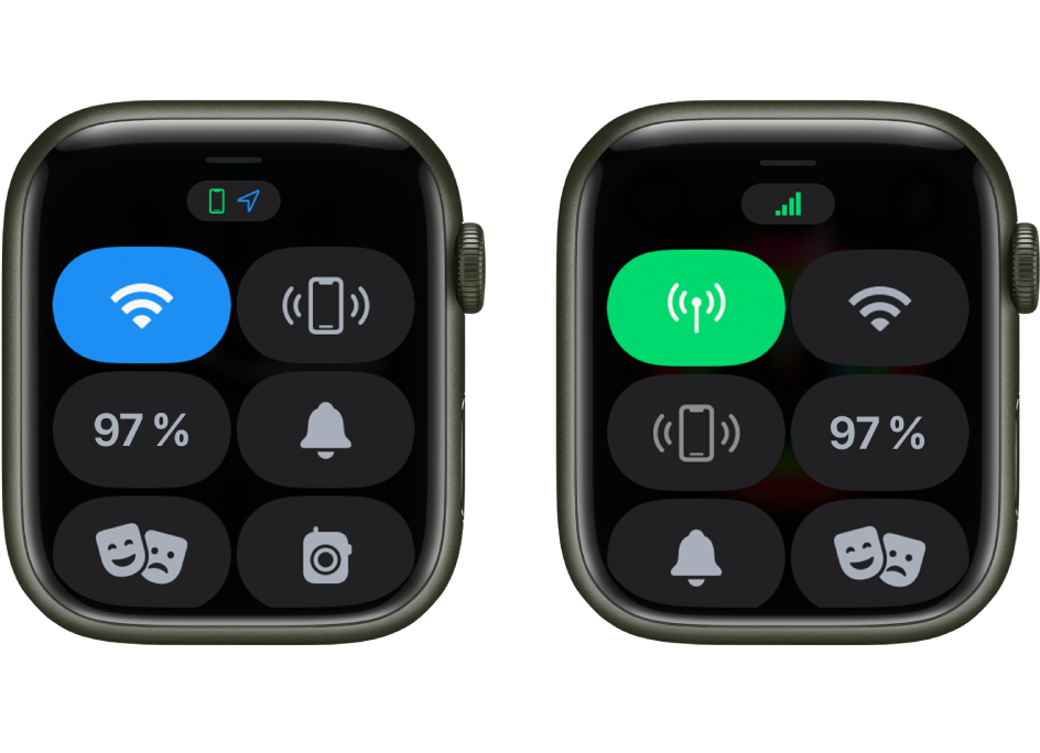 Deux images : L’Apple Watch sans fonction cellulaire à gauche, présentant le Centre de contrôle. Le bouton Wi-Fi en haut à gauche, le bouton « Faire sonner » en haut à droite, le pourcentage de la batterie au centre à gauche, le bouton du mode Silence au centre à droite, le mode Spectacle en bas à gauche et le bouton Talkie-walkie en bas à droite. L’image de droite montre l’Apple Watch avec fonction cellulaire. Le centre de contrôle présente le bouton Cellulaire en haut à gauche, le bouton Wi-Fi en haut à droite, le bouton « Faire sonner » au centre à gauche, le pourcentage de la batterie au centre à droite, le bouton du mode Silence en bas à gauche et le bouton du mode Spectacle en bas à droite.