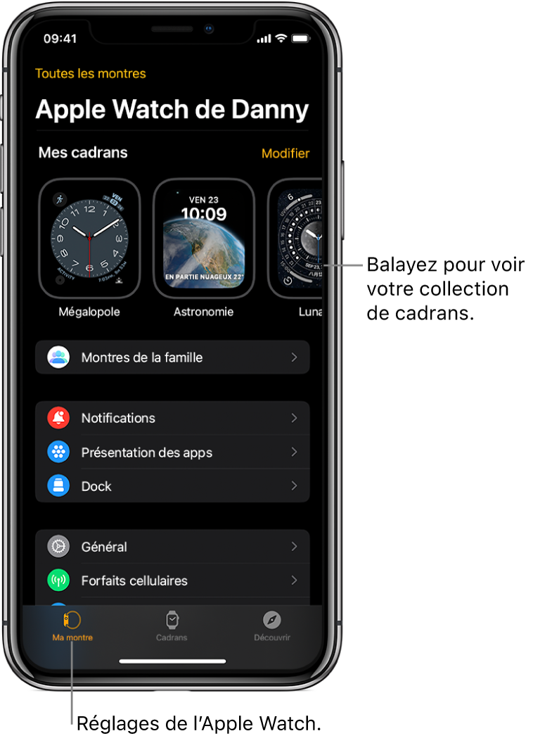 App Apple Watch sur l’iPhone ouverte à l’écran Ma montre, qui montre des cadrans en haut et des réglages en dessous. Le bas de l’écran de l’app Apple Watch présente trois onglets : l’onglet de gauche est « Ma montre », où vous pouvez ajuster les réglages de l’Apple Watch ; à côté se trouve Cadrans, où vous pouvez découvrir les cadrans et complications disponibles ; et enfin l’onglet Découvrir, où vous pouvez en apprendre davantage sur l’Apple Watch.