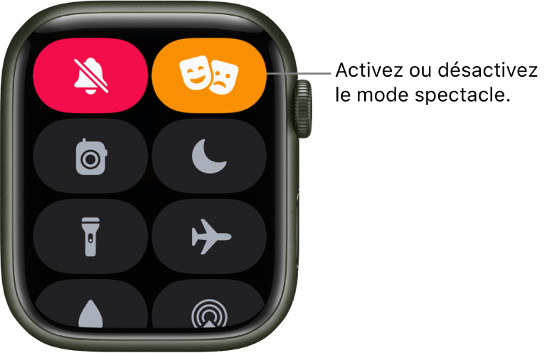 Le Centre de contrôle avec les boutons du mode Spectacle et du mode Silence en surbrillance pour indiquer que le mode Spectacle est activé.