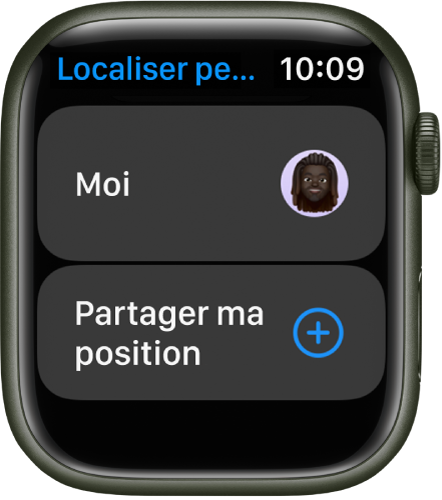 L’app Localiser personnes affichant des entrées pour vous-même ainsi qu’un bouton « Partager ma position ».