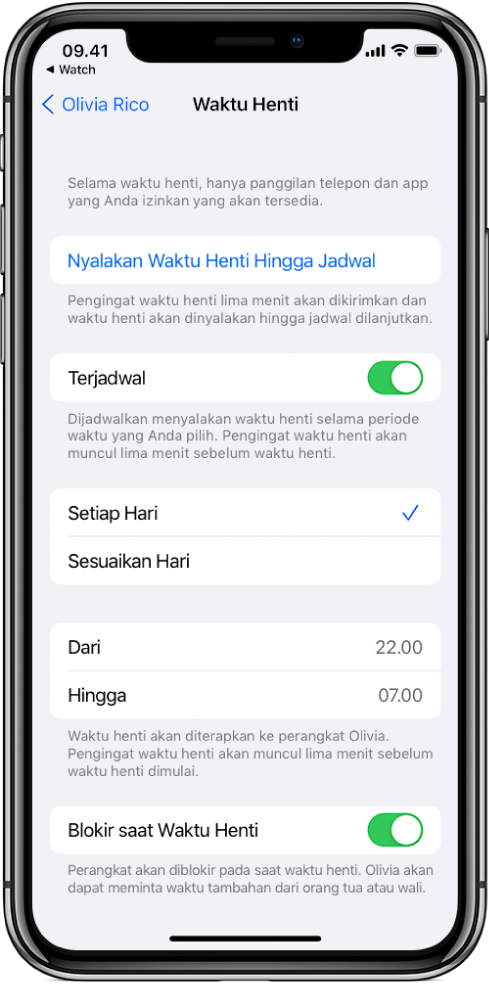 iPhone menampilkan layar pengaturan Waktu Henti. Pengalih Terjadwal berada di dekat bagian atas. Pilihan Setiap Hari dan Sesuaikan Hari muncul di bawahnya, dengan Setiap Hari yang dipilih. Jam Dari dan Hingga terdapat di tengah layar dan tombol Blokir saat Waktu Henti berada di dekat bagian bawah.