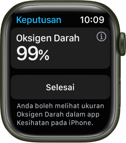 Skrin hasil Oksigen Darah menunjukkan ketepuan oksigen darah sebanyak 99 peratus. Butang Selesai berada di bawah.