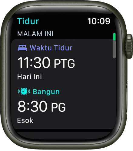 App Tidur pada Apple Watch menunjukkan jadual tidur untuk waktu malam. Waktu Tidur kelihatan di bahagian atas dan Waktu Bangun di bawahnya.