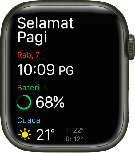 Apple Watch menunjukkan skrin bangun tidur. Perkataan Selamat Pagi kelihatan di bahagian atas. Tarikh, masa, peratusan bateri dan cuaca berada di bahagian bawah.