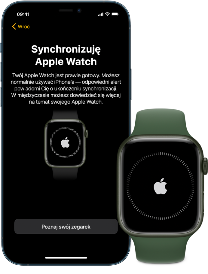 iPhone i Apple Watch wyświetlające ekrany synchronizacji.