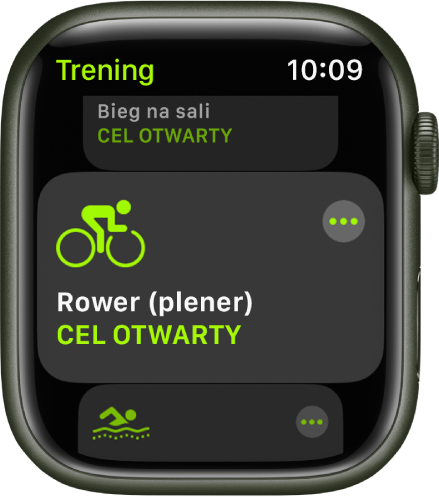 Ekran aplikacji Trening z wyróżnionym treningiem Rower (plener).