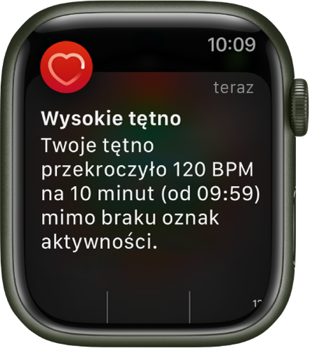 Ekran Wysokie tętno z powiadomieniem o tętnie przekraczającym 120 uderzeń na minutę mimo braku aktywności przez 10 minut.