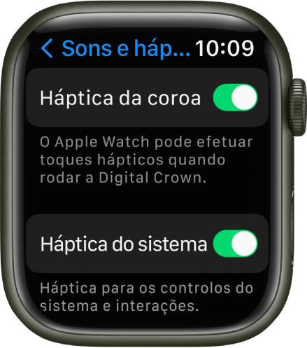 Ecrã “Háptica da coroa”, com o interruptor “Háptica da coroa” ativado. O manípulo “Háptica do sistema” está por baixo.