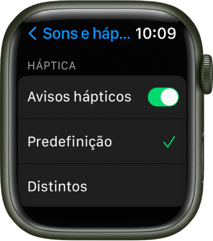 Definições de Sons e háptica no Apple Watch com o manípulo Avisos de háptica e as opções Predefinidos e Distintos por baixo.