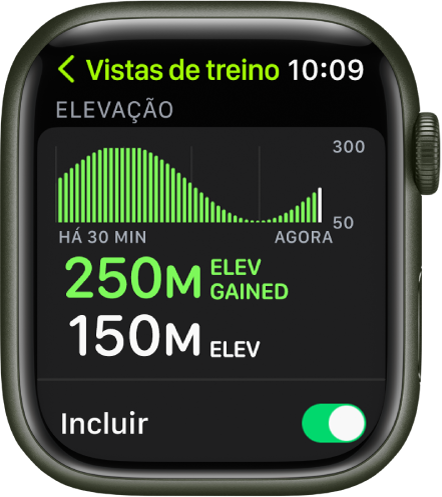 O ecrã “Vistas de treino” a mostrar a métrica “Elevação”. Junto à parte superior está um gráfico a mostrar aumentos e diminuições de elevação ao longo do tempo. Por baixo, encontra-se a elevação ganha e a elevação atual. Na parte inferior, encontra-se o botão “Incluir”.