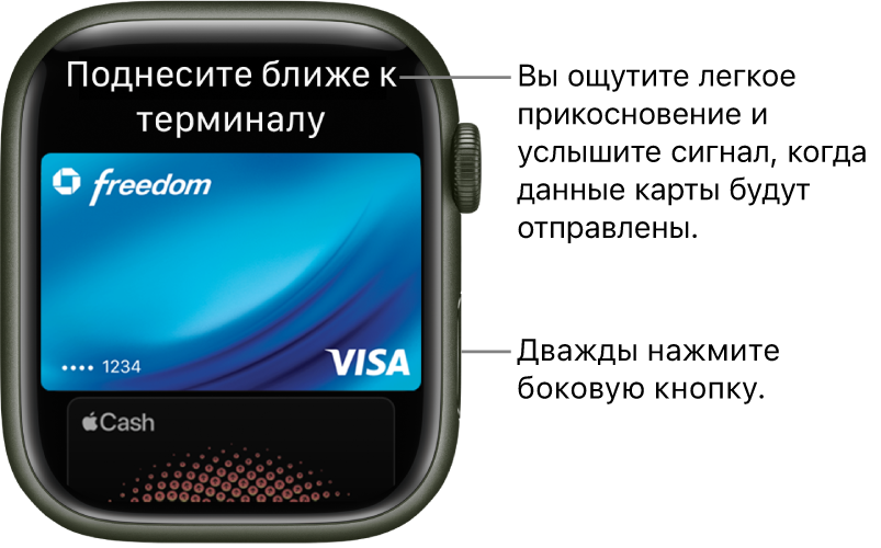 Экран Apple Pay. Вверху отображается фраза «Поднесите устройство к терминалу». Когда данные Вашей карты будут отправлены, Вы ощутите легкое прикосновение и услышите звуковой сигнал.