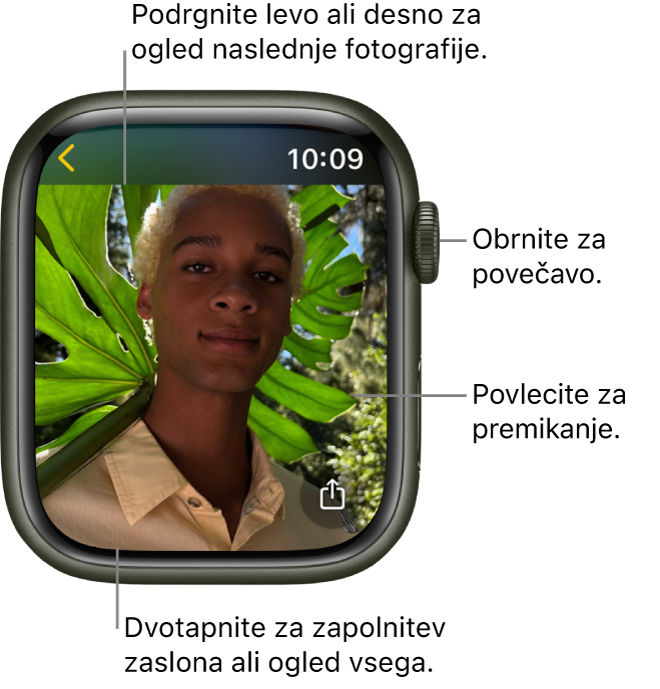 Med ogledom fotografije zavrtite gumb Digital Crown, če želite povečati prikaz, povlecite, če želite pomakniti sliko po zaslonu ali dvotapnite, če želite preklopiti med ogledom vseh fotografij in zapolnitvijo zaslona. Podrsajte v levo ali v desno za ogled naslednje fotografije. V spodnjem desnem kotu je prikazan gumb Share (Skupna raba).