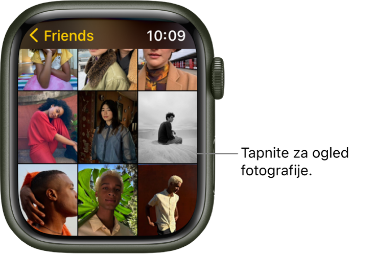 Glavni zaslon aplikacije Photos (Fotografije) v uri Apple Watch, ki prikazuje mrežo slik.