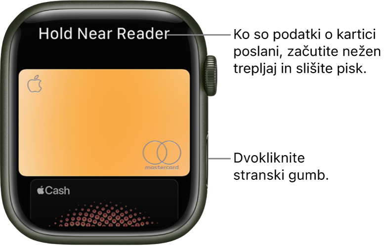 Zaslon Apple Pay z napisom »Hold Near Reader« (Drži blizu bralnika) na vrhu; ob pošiljanju podatkov o kartici boste začutili nežen tresljaj in zaslišali pisk.