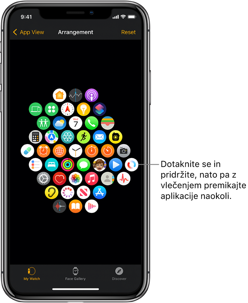 Zaslon Arrangement (Razporeditev) v aplikaciji Apple Watch, ki prikazuje mrežo ikon.