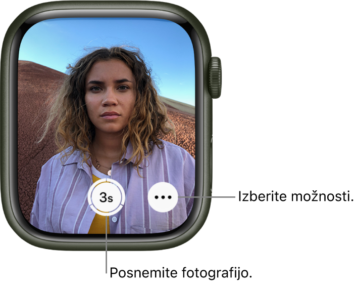 Če uro Apple Watch uporabljate kot daljinski upravljalnik kamere, je na njenem zaslonu prikazan pogled iz kamere v napravi iPhone. Gumb Take Picture (Fotografiraj) je spodaj na sredini, gumb More Options (Več možnosti) pa je na njegovi desni. Potem ko posnamete fotografijo, je gumb Photo Viewer (Pregledovalnik fotografij) spodaj levo.