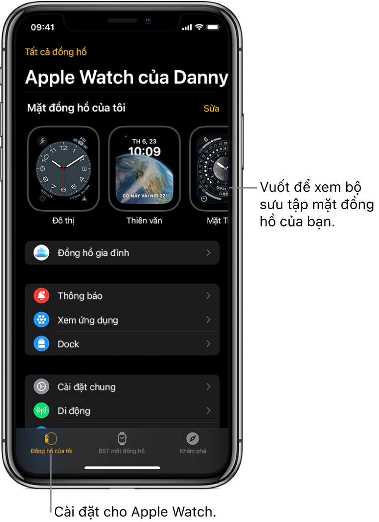 Ứng dụng Apple Watch trên iPhone mở ra màn hình Đồng hồ của tôi, hiển thị các mặt đồng hồ của bạn ở gần trên cùng và các cài đặt ở bên dưới. Có ba tab ở dưới cùng của màn hình ứng dụng Apple Watch: tab bên trái là Đồng hồ của tôi, là nơi dành cho các cài đặt của Apple Watch; tiếp theo là BST mặt đồng hồ, là nơi bạn khám phá các mặt đồng hồ và tổ hợp có sẵn; sau đó là Khám phá, là nơi bạn có thể tìm hiểu thêm về Apple Watch.