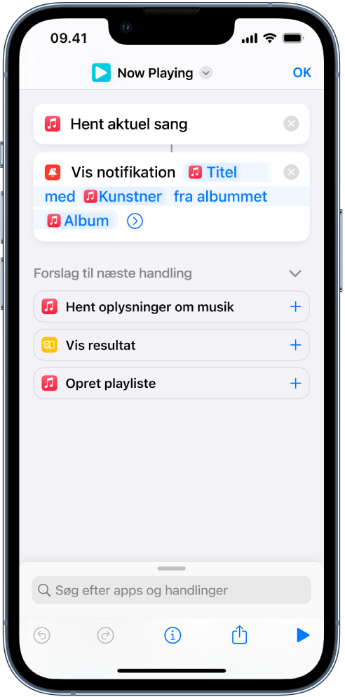 Handlingen Vis notifikation i redigeringsværktøjet til genveje og oplysningen Afspiller nu i Musik, som er kaldt af handlingen Vis notifikation.