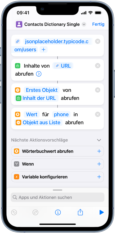 Die Aktion „Wörterbuchwert abrufen“ wird im Kurzbefehleditor mit dem auf „phone“ eingestellten Schlüssel angezeigt.