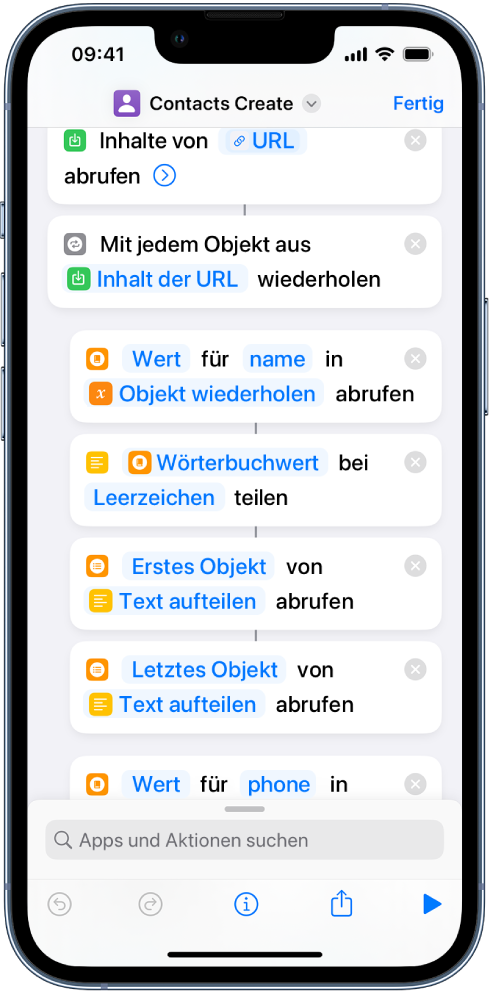 Ein Kurzbefehl zeigt die Aktionen „Text aufteilen“.