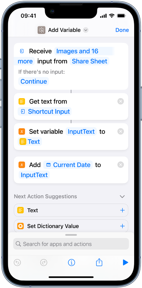 Set Variable and Add to Variable actions in shortcut editor.