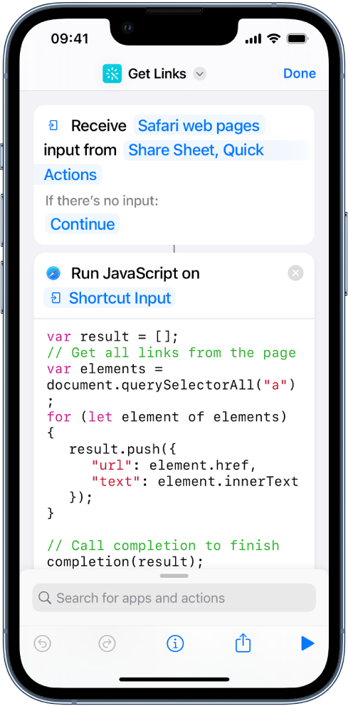 The Run JavaScript on Web Page action in the shortcut editor.