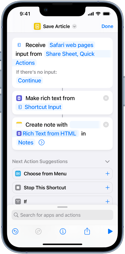 Actions shown in the shortcut editor.