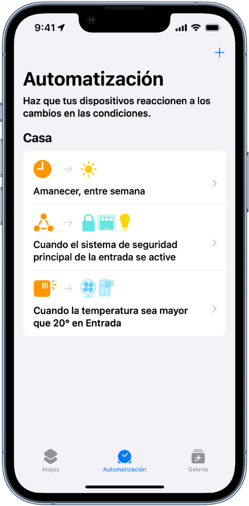 Automatización de casa en la app Atajos.