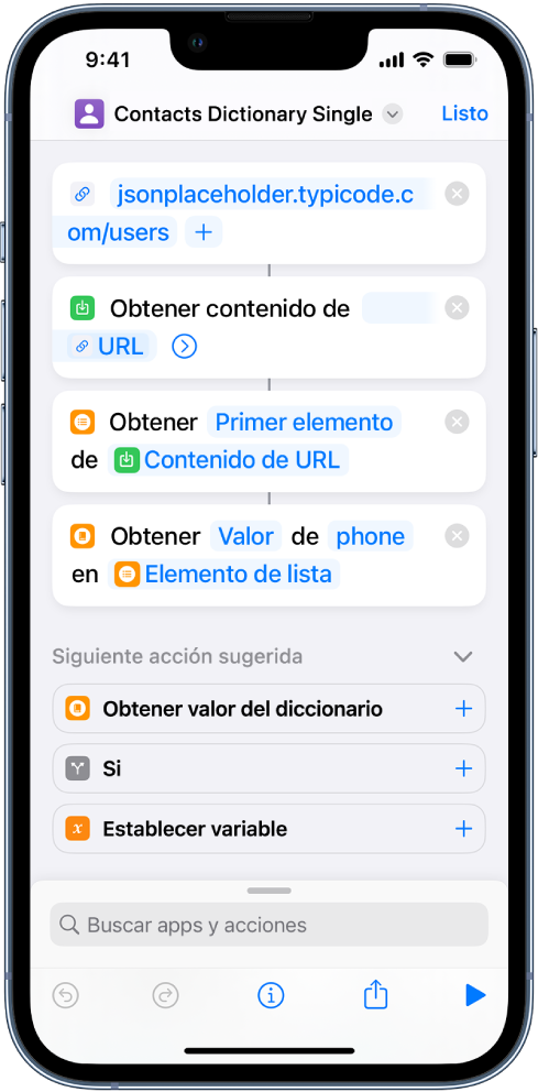 La acción “Obtener valor de diccionario” en el editor de atajos con la clave “phone” seleccionada.