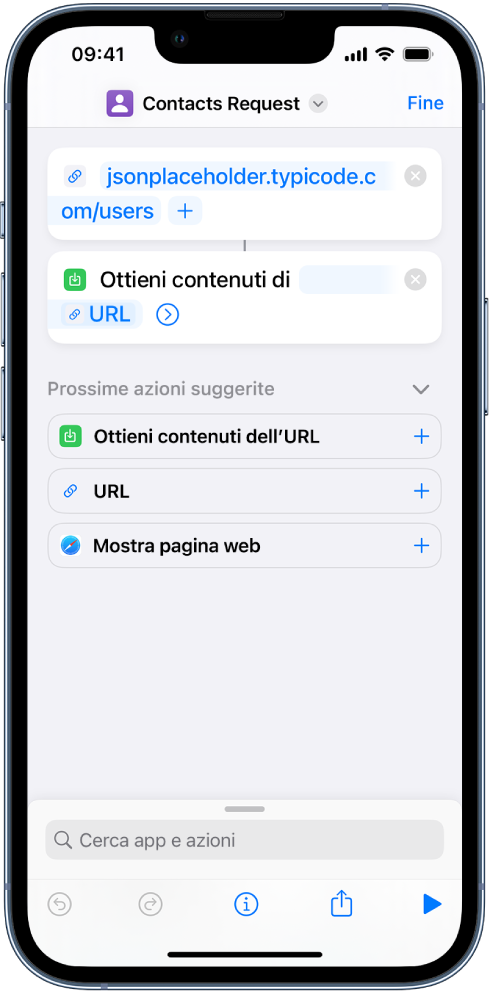 Una richiesta di un'API che contiene un'azione URL che indica l'endpoint dell'API, seguita da un'azione “Ottieni contenuti dell'URL”.