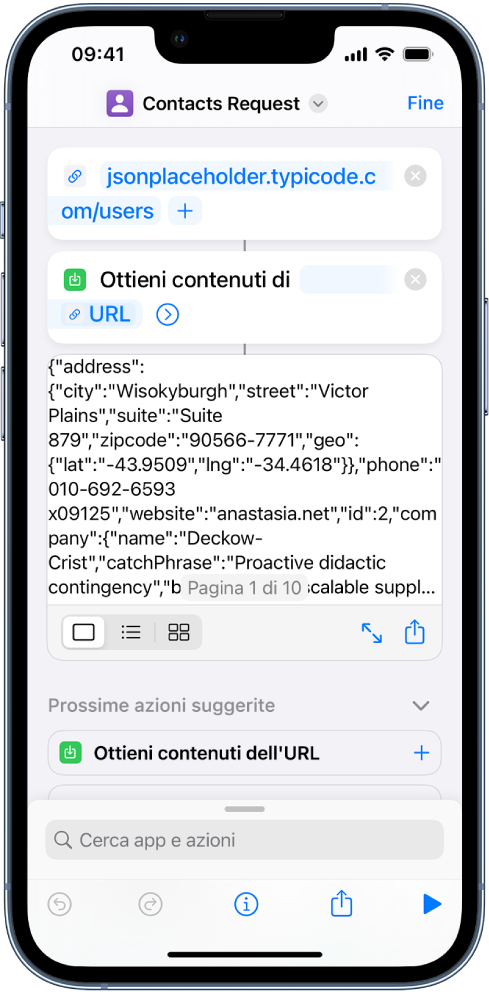 Risultati del comando rapido di richiesta di API di Typicode, con un elenco di utenti.