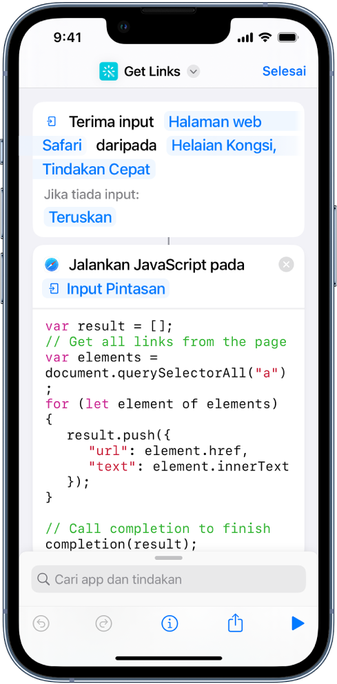 Tindakan Jalankan JavaScript pada Halaman Web dalam editor pintasan.