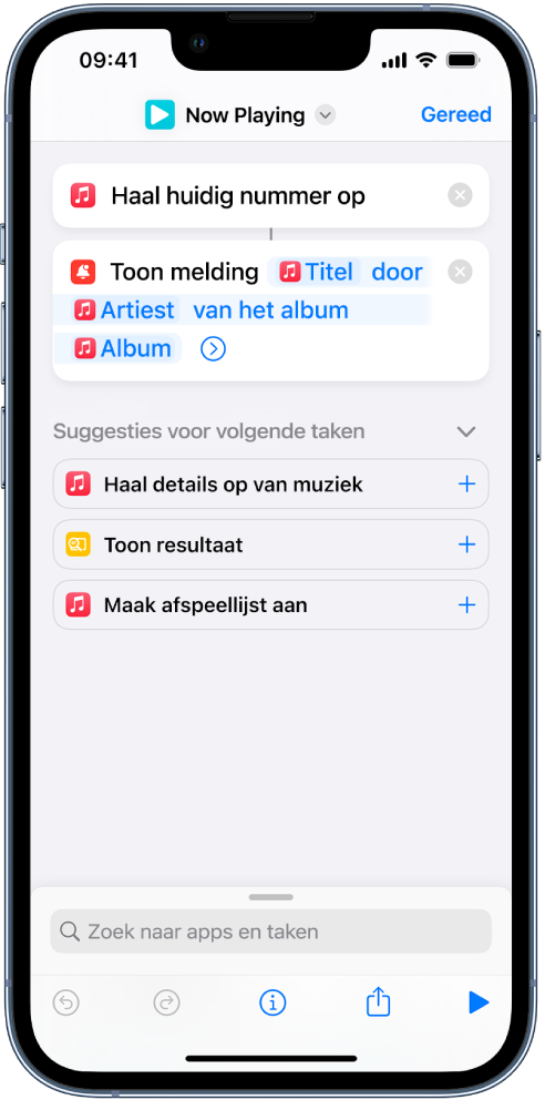 De taak 'Toon melding' in de opdrachteneditor en de melding 'Music Now Playing', zoals aangeroepen met de taak 'Toon melding'.
