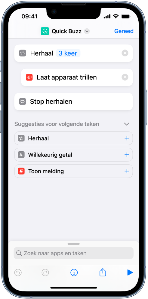 De taak 'Laat apparaat trillen', ingesteld op drie keer herhalen.