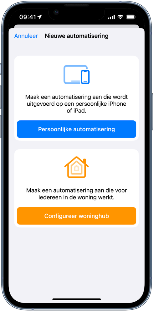 Het gedeelte 'Automatisering' van de Opdrachten-app.