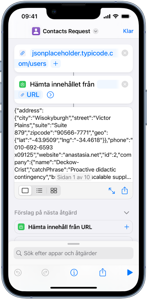 Resultatet av genvägen för en Typicode-API-förfrågan visar en lista med användare.